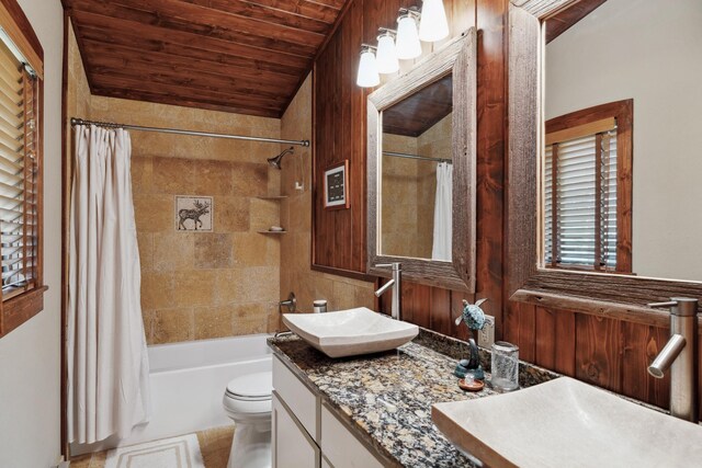 12037 Northgate Ln, Crosslake, MN 56442 - full bath with toilet, shower / bath combo, double vanity, tile patterned flooring, and wooden ceiling
