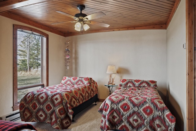 12037 Northgate Ln, Crosslake, MN 56442 - carpeted bedroom featuring wooden ceiling, ceiling fan, and a baseboard radiator