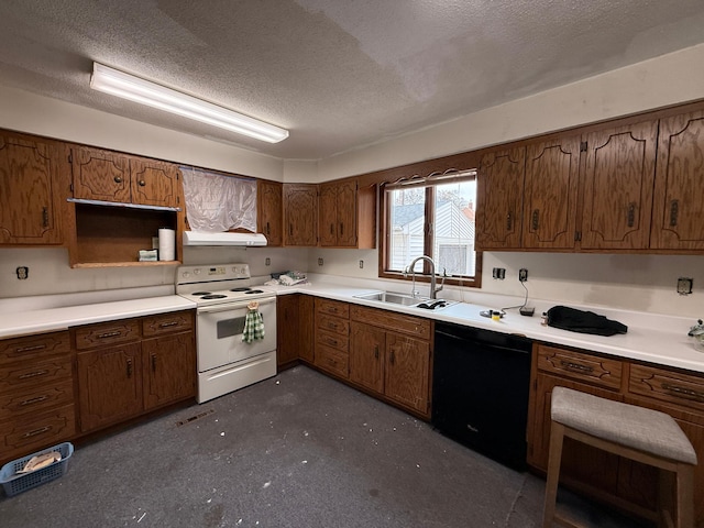 616 5th St, Madison, MN 56256 - kitchen featuring electric range, a sink, light countertops, a textured ceiling, and black dishwasher
