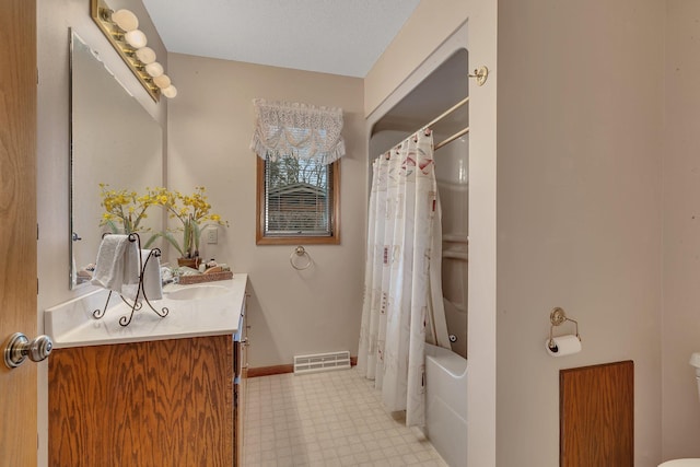 4762 383rd St, Sartell, MN 56377 - full bathroom featuring vanity, tile patterned floors, toilet, shower / bathtub combination with curtain, and baseboards