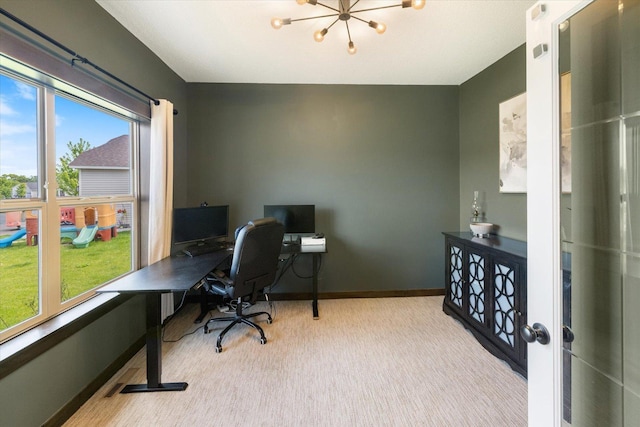 1030 Bellaire Blvd NW, Isanti, MN 55040 - carpeted office with baseboards and a chandelier