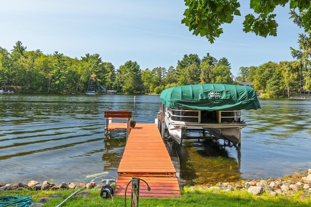 view of dock with a water view and boat lift