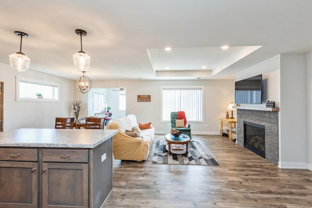 413 Fawn Run, Kenyon, MN 55946 - living area featuring a tray ceiling, wood finished floors, a stone fireplace, baseboards, and recessed lighting