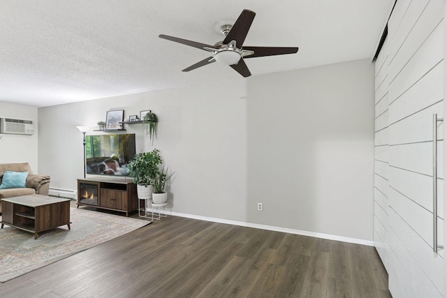 1903 Silver Bell Rd Unit 314, Eagan, MN 55122 - living room with a baseboard heating unit, wood finished floors, ceiling fan, a wall mounted AC, and a textured ceiling