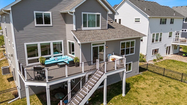 5360 Pine Island Rd, Woodbury, MN 55129 - rear view of house featuring an outdoor living space, central AC unit, roof with shingles, and a deck