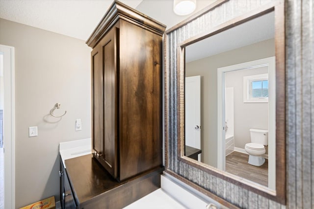 5360 Pine Island Rd, Woodbury, MN 55129 - bathroom featuring toilet, vanity, a tub to relax in, baseboards, and wood finished floors