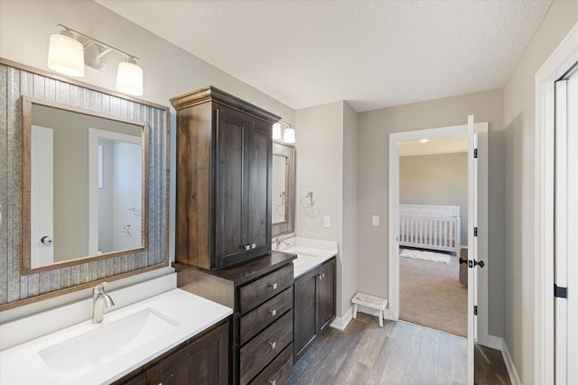 5360 Pine Island Rd, Woodbury, MN 55129 - full bathroom with wood finished floors, double vanity, baseboards, and a textured ceiling