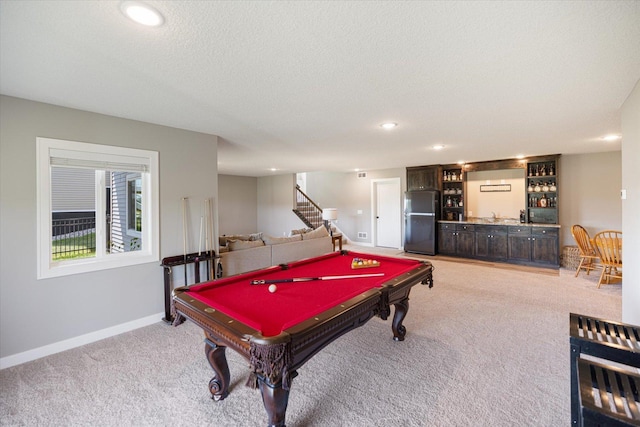 5360 Pine Island Rd, Woodbury, MN 55129 - recreation room with pool table, light colored carpet, a dry bar, baseboards, and recessed lighting