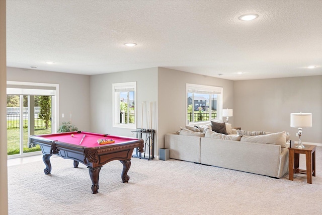 5360 Pine Island Rd, Woodbury, MN 55129 - rec room with light carpet, plenty of natural light, a textured ceiling, billiards table, and recessed lighting