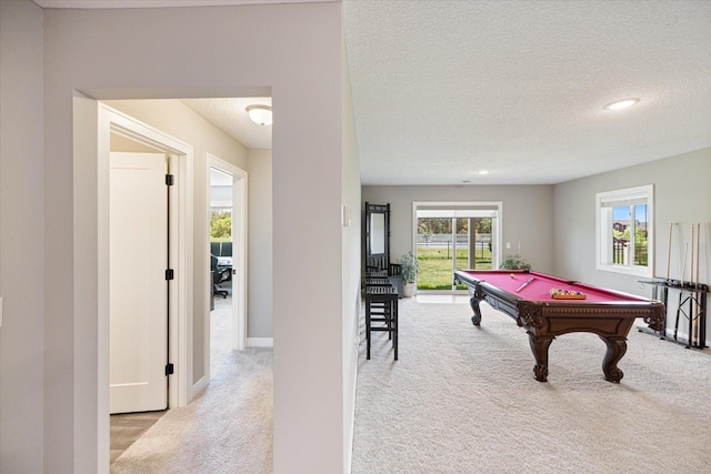 5360 Pine Island Rd, Woodbury, MN 55129 - game room featuring light carpet, billiards table, a textured ceiling, baseboards, and recessed lighting