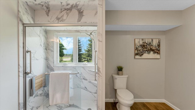 28306 State Highway 25, Belle Plaine, MN 56011 - bathroom featuring a marble finish shower, toilet, and wood finished floors