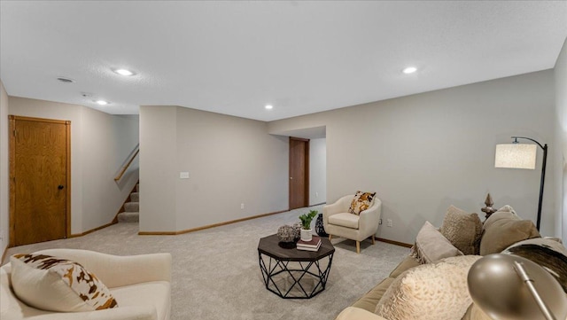 28306 State Highway 25, Belle Plaine, MN 56011 - living area featuring light colored carpet, baseboards, stairs, and recessed lighting