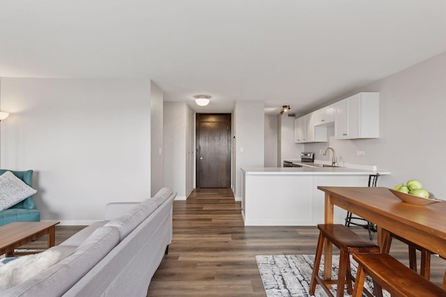 15 1st St Unit A1009, Minneapolis, MN 55401 - kitchen with open floor plan, light countertops, a peninsula, dark wood finished floors, and white cabinetry