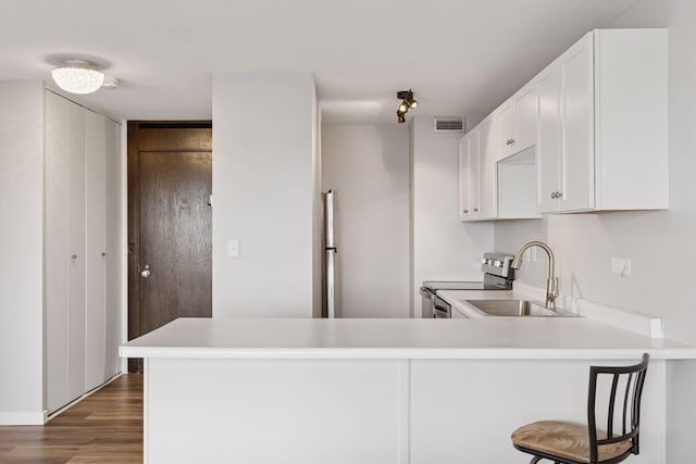 15 1st St Unit A1009, Minneapolis, MN 55401 - kitchen with a peninsula, light countertops, visible vents, stainless steel range with electric cooktop, and a sink