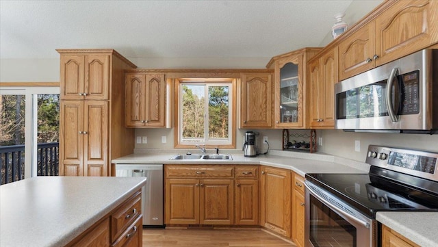 9112 Indigo Rd NW, Watab Twp, MN 56367 - kitchen with glass insert cabinets, stainless steel appliances, light countertops, and a sink