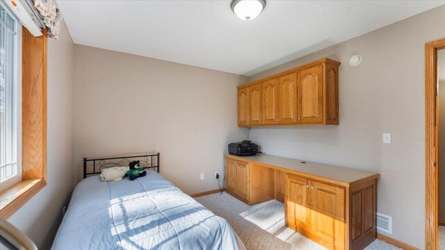 9112 Indigo Rd NW, Watab Twp, MN 56367 - bedroom with light carpet, baseboards, visible vents, and built in study area