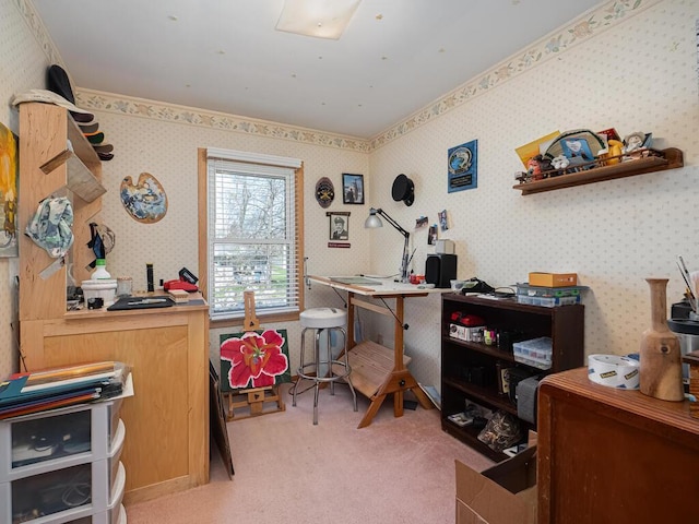 home office featuring light carpet
