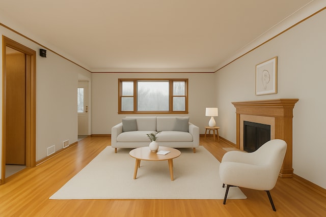 living room with baseboards, ornamental molding, and light wood-style flooring