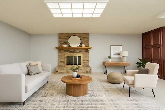 living area featuring carpet and a fireplace