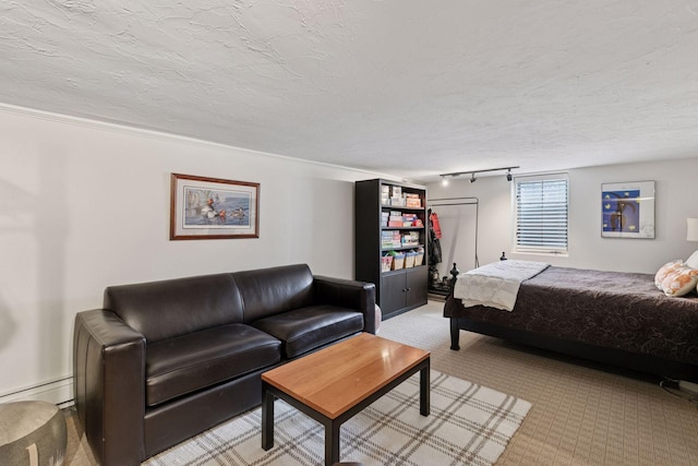 bedroom with rail lighting, a textured ceiling, a baseboard heating unit, and light carpet
