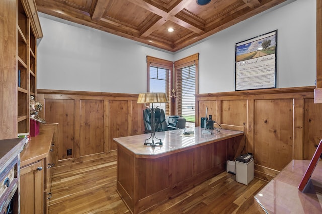 623 Shore Dr, Forest Lake, MN 55025 - office featuring wooden ceiling, a wainscoted wall, beamed ceiling, coffered ceiling, and hardwood / wood-style floors