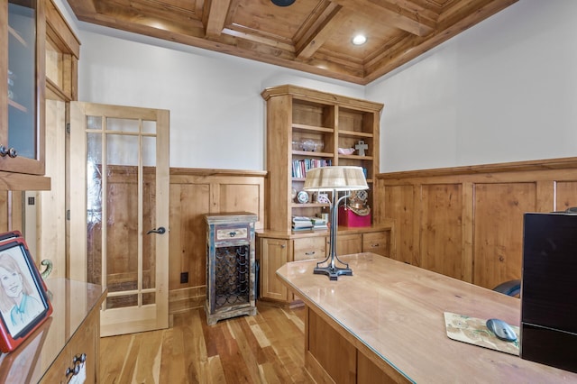 623 Shore Dr, Forest Lake, MN 55025 - office featuring beam ceiling, a wainscoted wall, light wood-type flooring, wood ceiling, and coffered ceiling