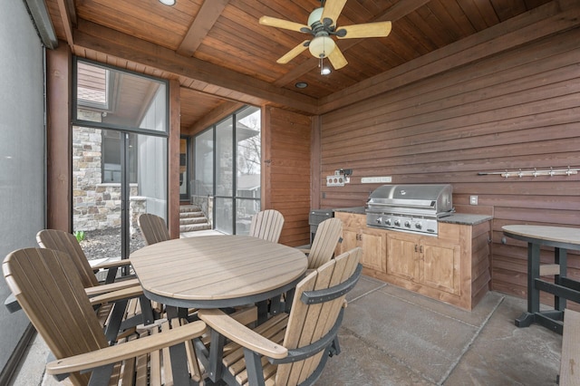 623 Shore Dr, Forest Lake, MN 55025 - view of patio / terrace with area for grilling, exterior kitchen, a ceiling fan, and outdoor dining space