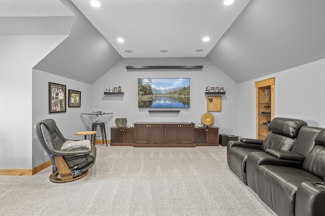 623 Shore Dr, Forest Lake, MN 55025 - home theater room with recessed lighting, baseboards, light colored carpet, and lofted ceiling