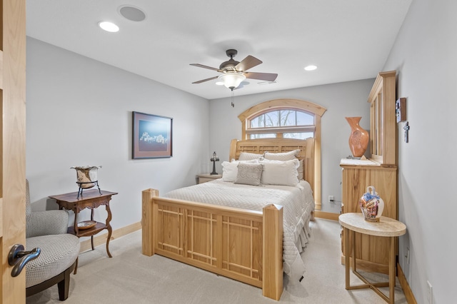 623 Shore Dr, Forest Lake, MN 55025 - bedroom with a ceiling fan, baseboards, light colored carpet, and recessed lighting