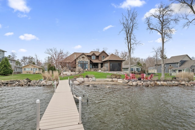 623 Shore Dr, Forest Lake, MN 55025 - view of dock featuring a residential view, a water view, and a lawn