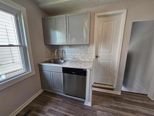 4517 4th Ave S, Minneapolis, MN 55419 - kitchen with dishwasher, tasteful backsplash, gray cabinets, and dark wood-type flooring