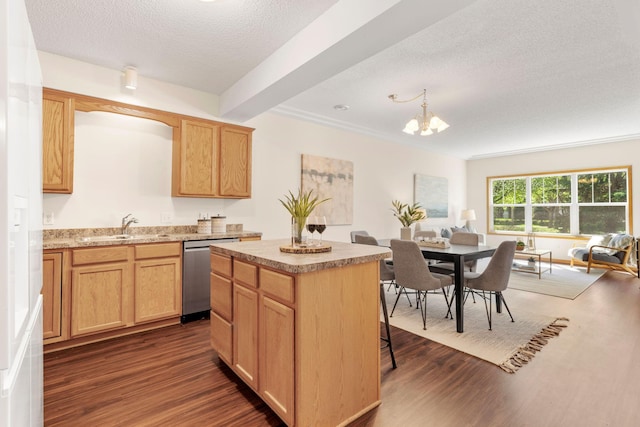 12172 Waconia St NE Unit C, Blaine, MN 55449 - kitchen featuring a sink, dishwasher, dark wood finished floors, a textured ceiling, and beam ceiling