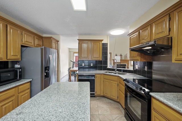 10695 53rd Ave N, Plymouth, MN 55442 - kitchen featuring black appliances, under cabinet range hood, backsplash, a sink, and brown cabinets