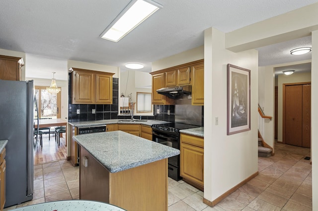 10695 53rd Ave N, Plymouth, MN 55442 - kitchen with black range with electric cooktop, freestanding refrigerator, under cabinet range hood, decorative backsplash, and a center island