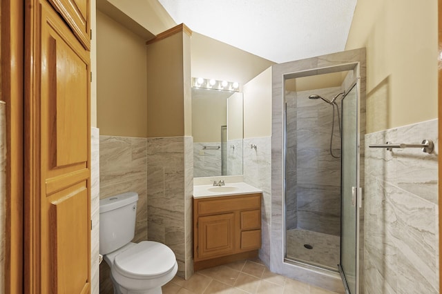 10695 53rd Ave N, Plymouth, MN 55442 - full bathroom with vanity, toilet, a shower stall, tile patterned flooring, and a wainscoted wall