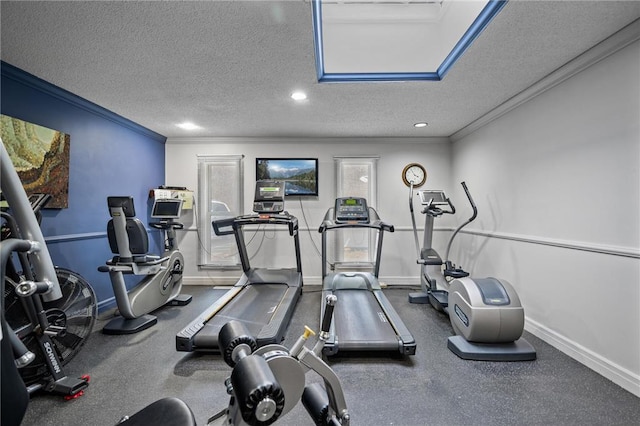 10411 Cedar Lake Rd Unit 301, Minnetonka, MN 55305 - gym featuring baseboards, a textured ceiling, and ornamental molding