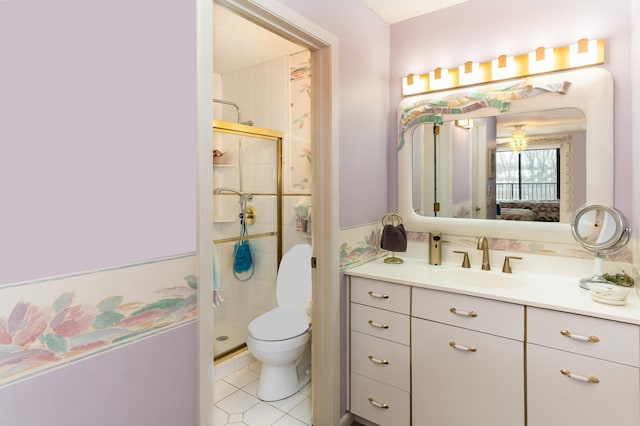 10411 Cedar Lake Rd Unit 301, Minnetonka, MN 55305 - bathroom with a shower stall, vanity, tile patterned flooring, and toilet