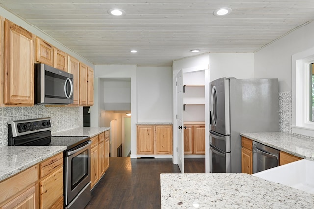 24182 184th St NW, Orrock Twp, MN 55309 - kitchen with appliances with stainless steel finishes, dark wood-style flooring, backsplash, light stone counters, and recessed lighting