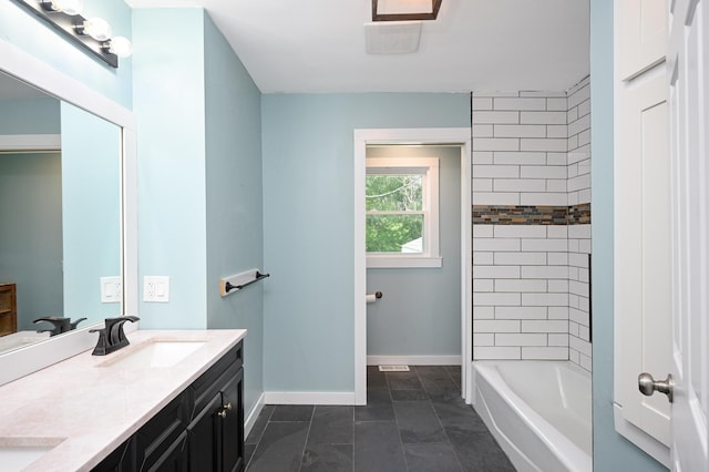 24182 184th St NW, Orrock Twp, MN 55309 - bathroom featuring double vanity, baseboards, and  shower combination