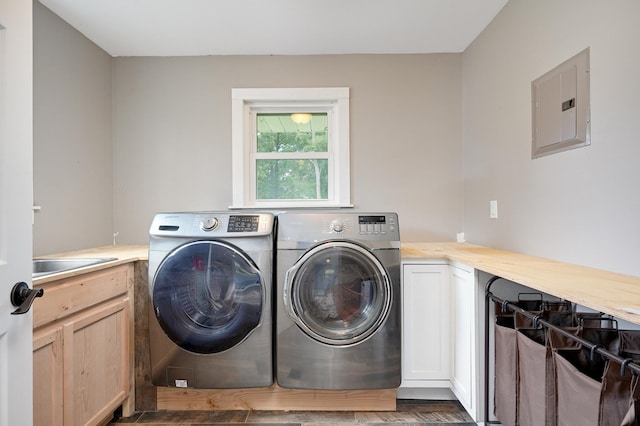 24182 184th St NW, Orrock Twp, MN 55309 - laundry room featuring electric panel, washer and dryer, and cabinet space