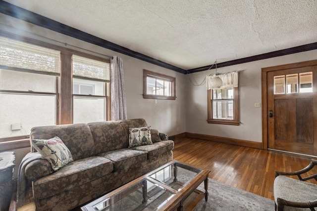 living room featuring crown molding, a textured ceiling, baseboards, and hardwood / wood-style flooring