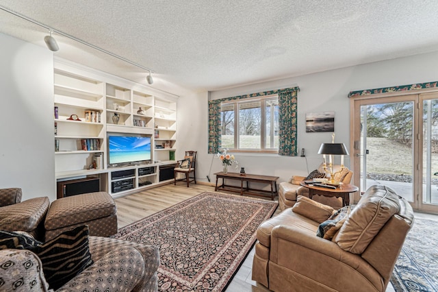 living area featuring track lighting, a healthy amount of sunlight, wood finished floors, and a textured ceiling