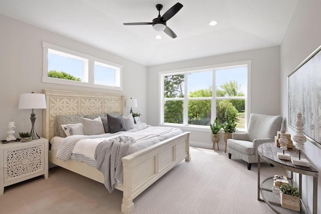 bedroom featuring recessed lighting, a ceiling fan, baseboards, and light carpet