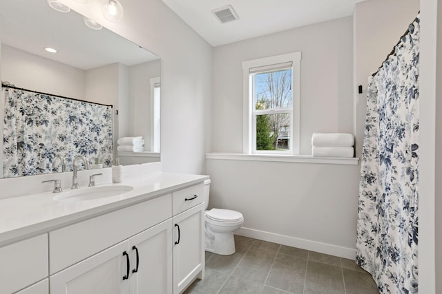 full bathroom featuring tile patterned flooring, visible vents, toilet, vanity, and baseboards
