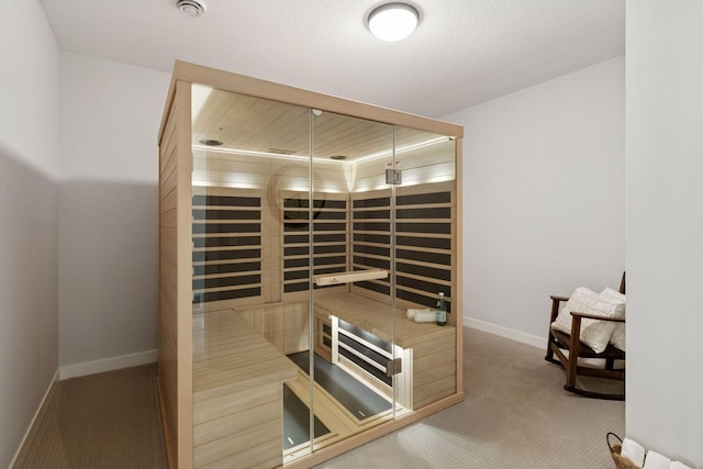 view of sauna / steam room with baseboards and carpet flooring