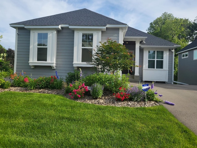 view of front of house featuring roof with shingles and a front yard