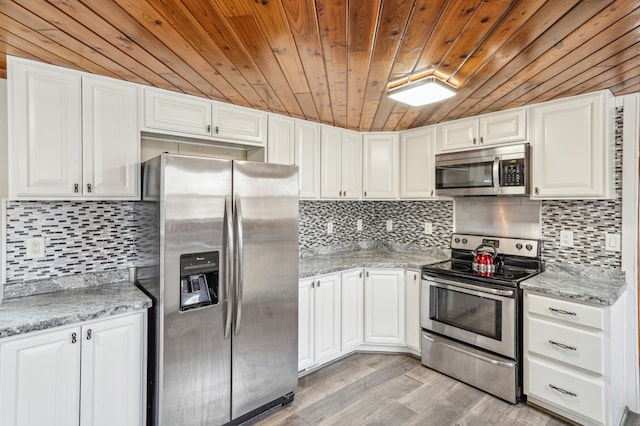 kitchen featuring white cabinetry, backsplash, appliances with stainless steel finishes, and wooden ceiling