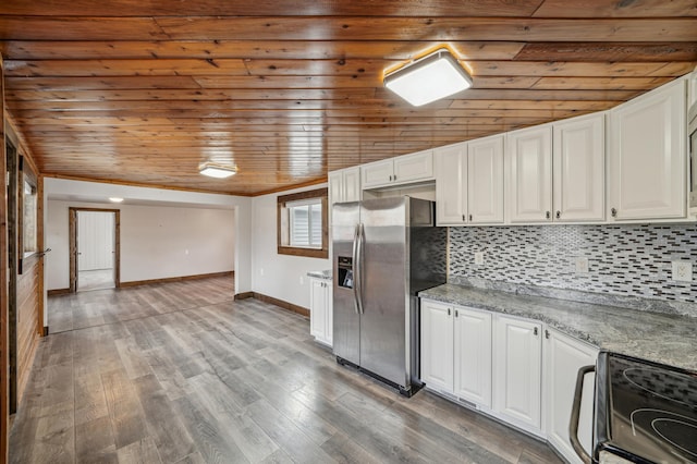 kitchen with stainless steel fridge with ice dispenser, white cabinets, wooden ceiling, range with electric stovetop, and baseboards