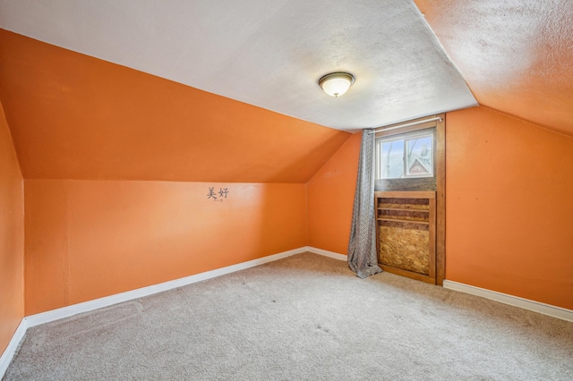 additional living space featuring a textured ceiling, carpet flooring, and baseboards