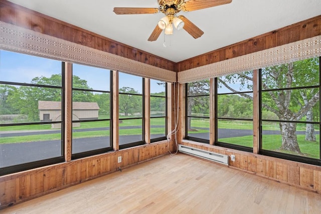 2591 Carver Ave E, Maplewood, MN 55119 - unfurnished sunroom with baseboard heating, wood finished floors, ceiling fan, and wooden walls